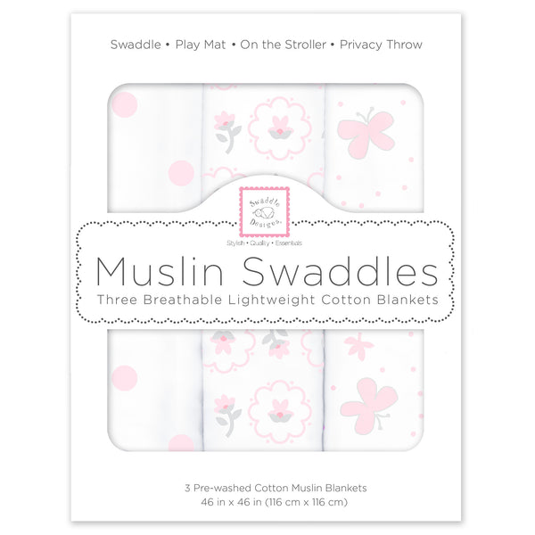Muslin Swaddle Blankets - Butterflies & Posies (Set of 3), Pastel Pink