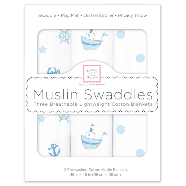 Muslin Swaddle Blankets - Little Ships (Set of 3), Pastel Blue, Nautical
