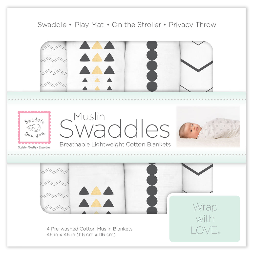 Muslin Swaddle Blankets - Gold and Graphite, Soft Black with Touch of Gold Shimmer (Set of 4)