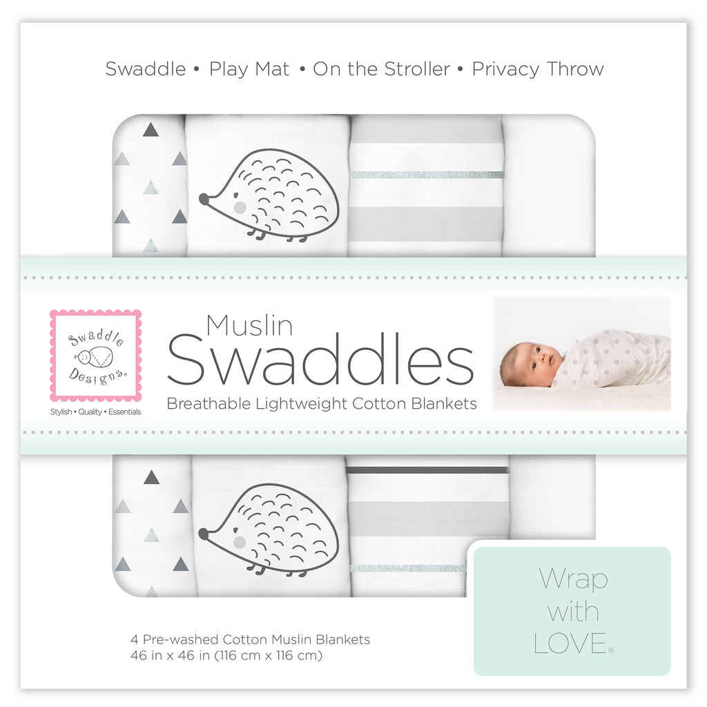 Muslin Swaddle Blankets - Hedgehogs & Stripes, Soft Black, Grays, Touch of Silver Shimmer (Set of 4)