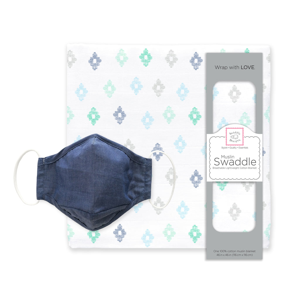 Muslin Swaddle and 3-Layer Cotton Chambray Face Mask Set - Indigo
