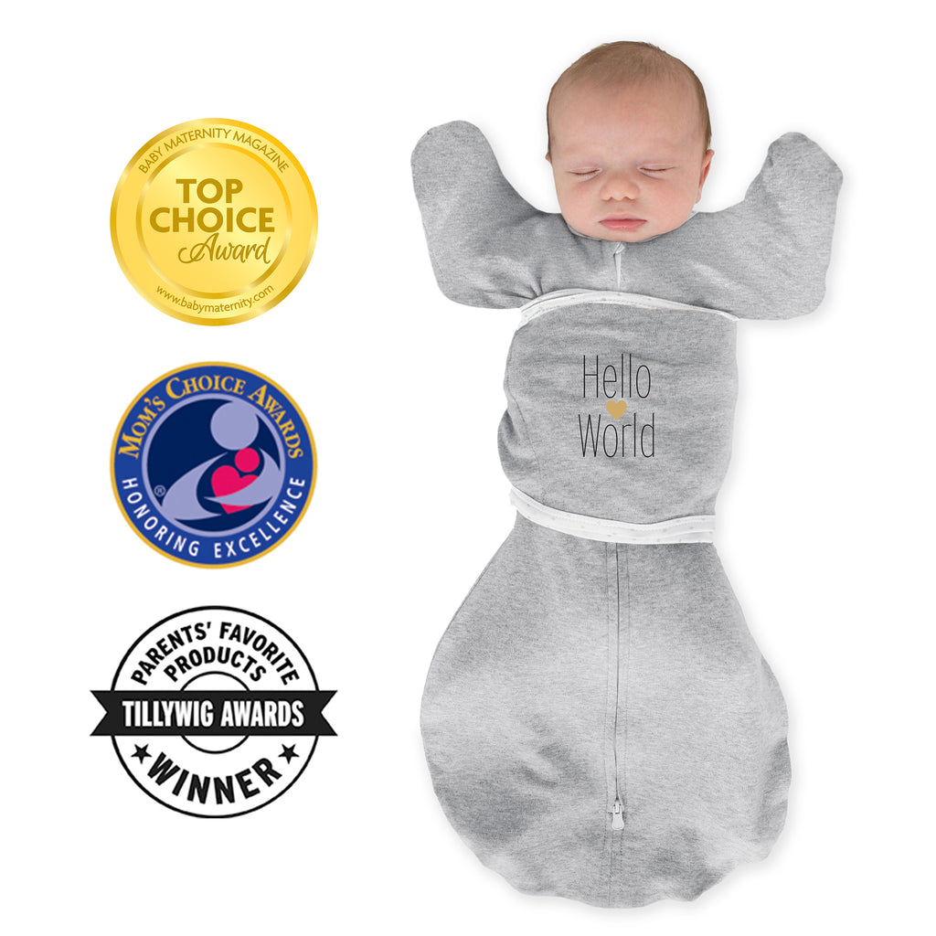 Omni Swaddle Sack with Wrap -  Arms Up Sleeves & Mitten Cuffs, Heathered Gray with Polka Dot Trim, Hello World