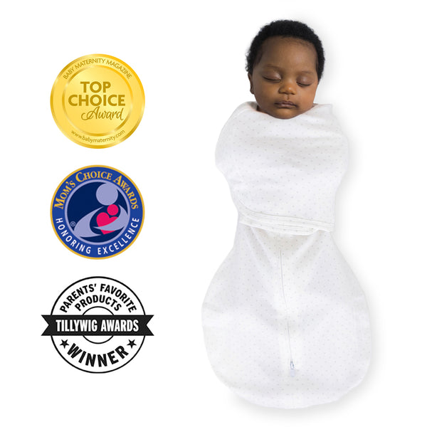 Omni Swaddle Sack with Wrap -  Arms Up Sleeves & Mitten Cuffs, Classic Polka Dots, Sterling