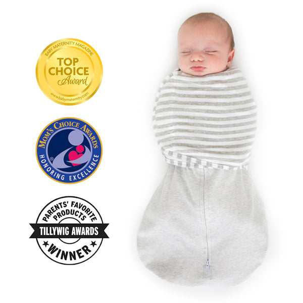 Omni Swaddle Sack with Wrap -  Arms Up Sleeves & Mitten Cuffs, Heathered Sterling with Stripes
