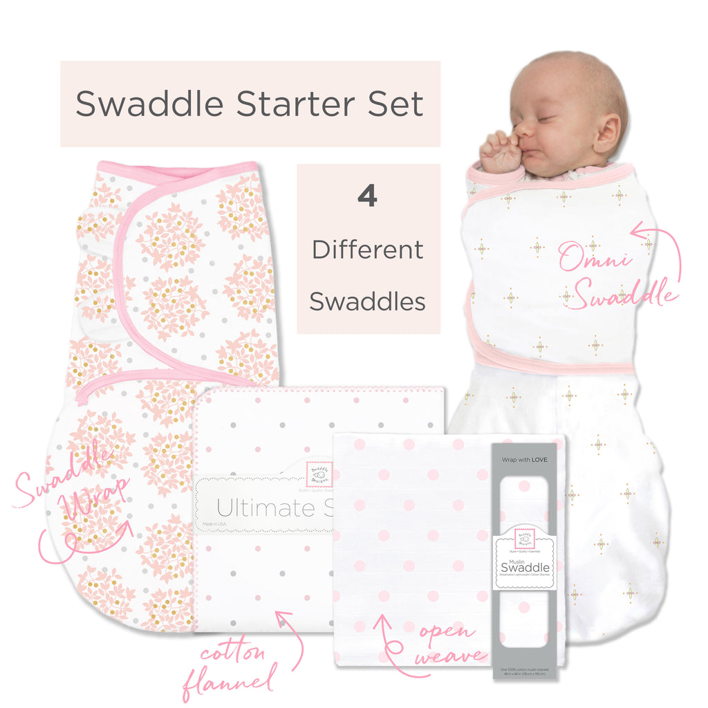SwaddleDesigns Starter Set - Ultimate, Muslin Swaddle, Swaddle Wrap, and Bella Omni Newborn Gift Set, Pink