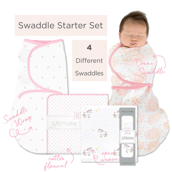 SwaddleDesigns Starter Set - Ultimate, Muslin Swaddle, Swaddle Wrap, and Heavenly Floral Omni Newborn Gift Set, Pink
