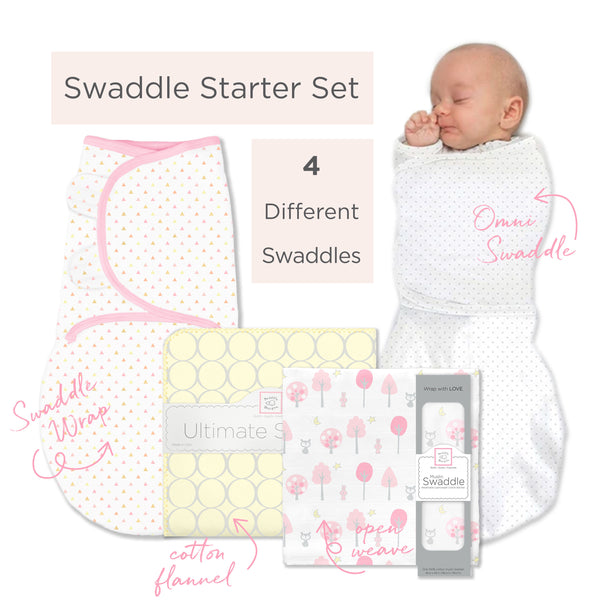 SwaddleDesigns Starter Set - Ultimate, Muslin Swaddle, Swaddle Wrap, and Classic Polka Dots Newborn Gift Set, Pink