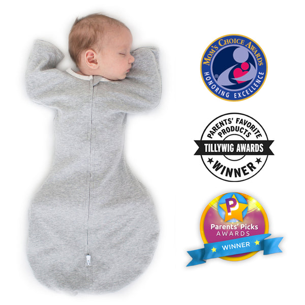 Transitional Swaddle Sack - Arms Up 1/2-Length Sleeves & Mitten Cuffs, Solid, Heathered Gray with Polka Dot Trim