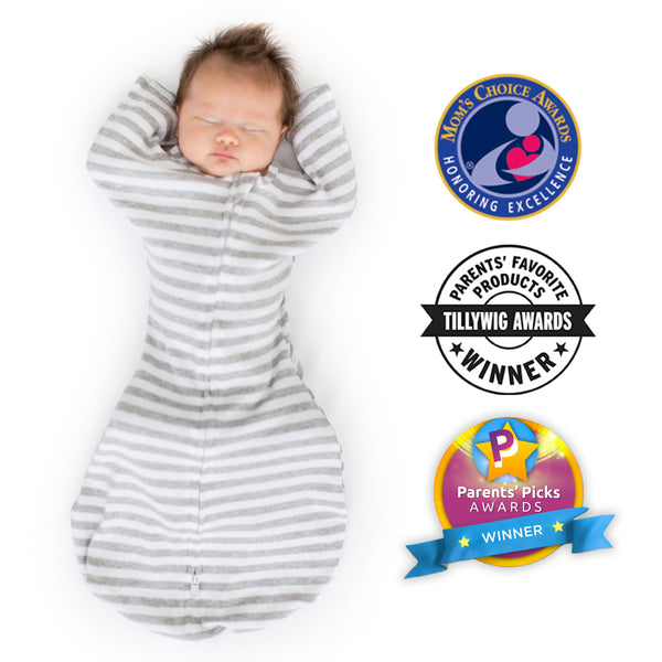 Transitional Swaddle Sack  - Arms Up 1/2-Length Sleeves & Mitten Cuffs, Stripes, Heathered Gray