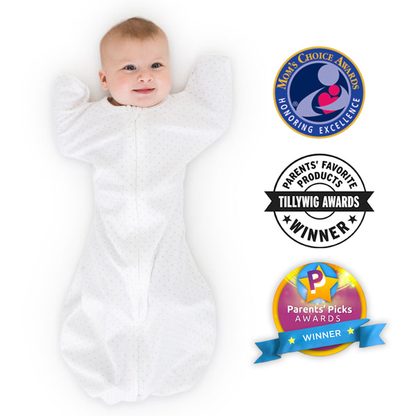 Transitional Swaddle Sack  - Arms Up 1/2-Length Sleeves & Mitten Cuffs, Classic Polka Dots, Sterling