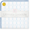 Ultimate Swaddle Blanket - Mod Circles on White, Pastel Blue with True Blue Trim