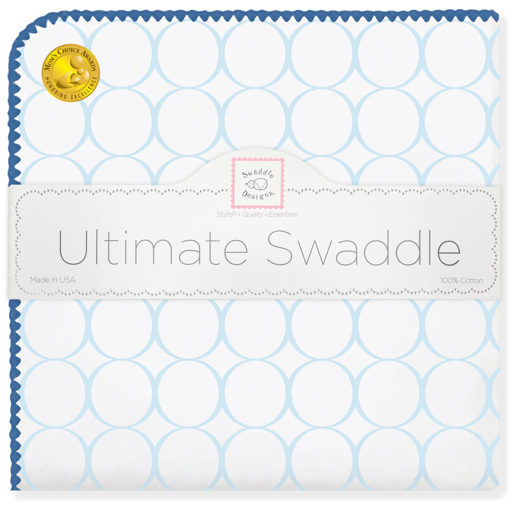Ultimate Swaddle Blanket - Mod Circles on White, Pastel Blue with True Blue Trim
