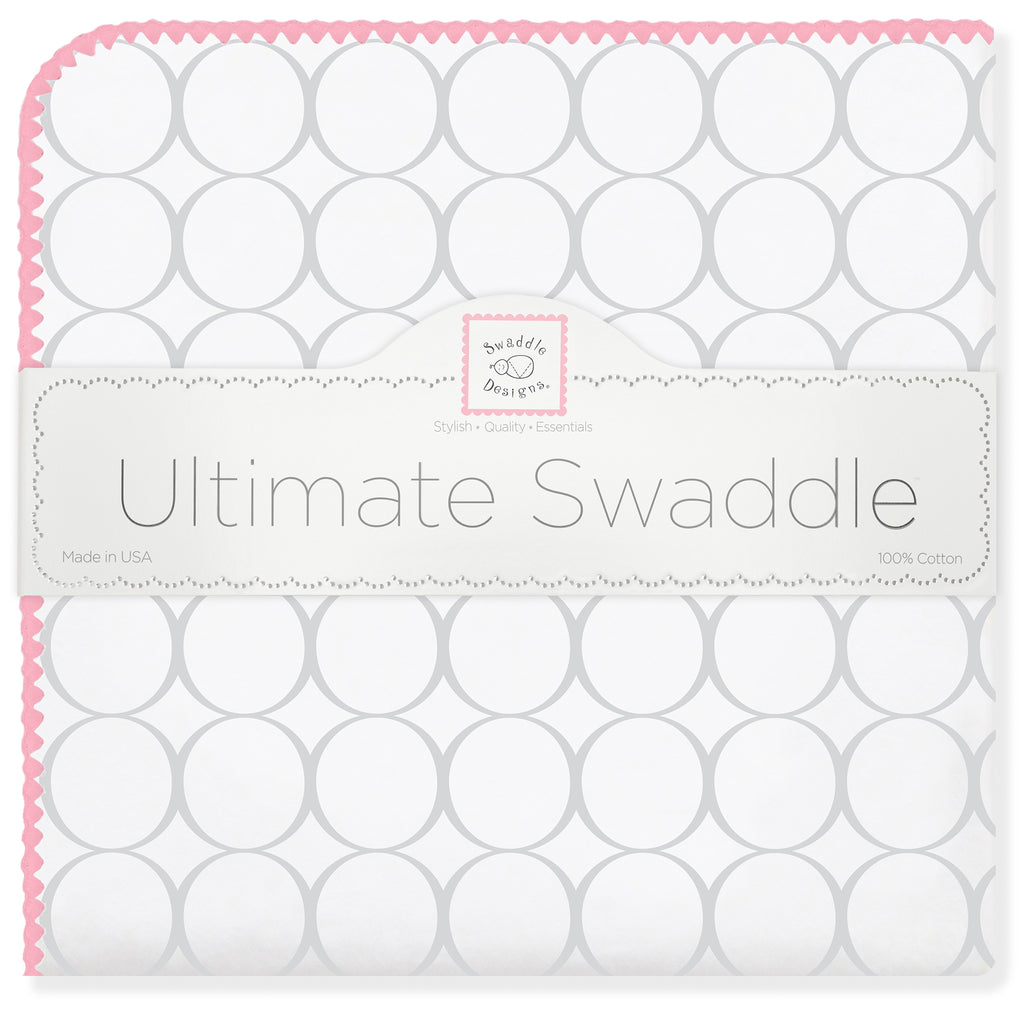 Ultimate Swaddle Blanket - Mod Circles on White, Sterling with Pink Trim