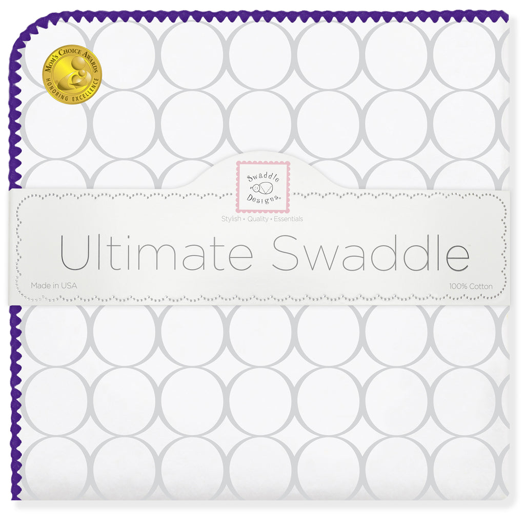Ultimate Swaddle Blanket - Mod Circles on White, Sterling with Power Purple Trim