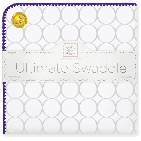 Ultimate Swaddle Blanket - Mod Circles on White, Sterling with Power Purple Trim