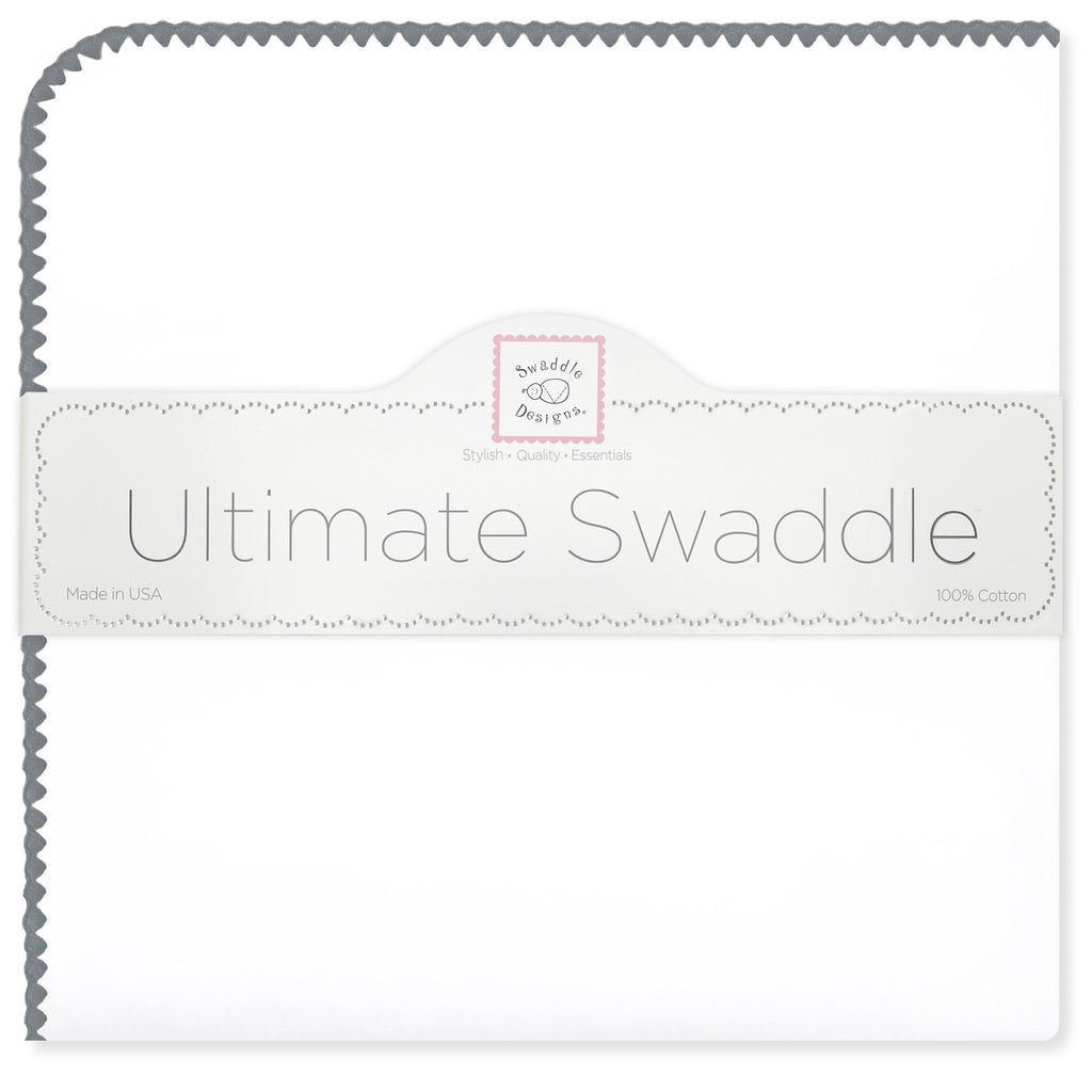 'Ultimate Swaddle Blanket - White with Dark Gray Trim' - Customized