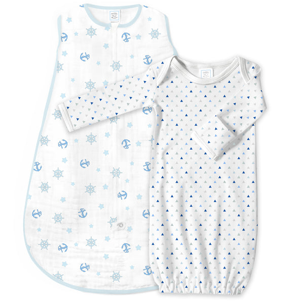 Muslin Non-Weighted zzZipMe Sack Set - Ahoy! + Tiny Triangles Shimmer, Pastel Blue