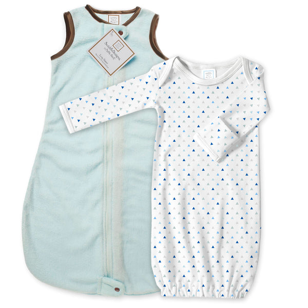 Products Baby Velvet Microfleece zzZipMe Sack Set - Pastel Blue, Mocha + Tiny Triangle Gown