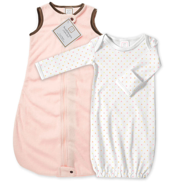 Baby Velvet Microfleece zzZipMe Sack Set - Pastel Pink, Mocha + Tiny Triangle Gown
