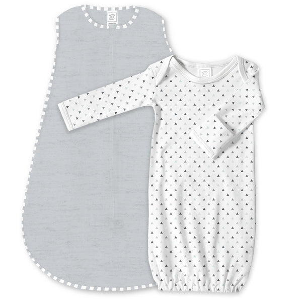 Cotton Knit Non-Weighted zzZipMe Sack Set - Heathered Gray + Tiny Triangles Shimmer Pajama Gown