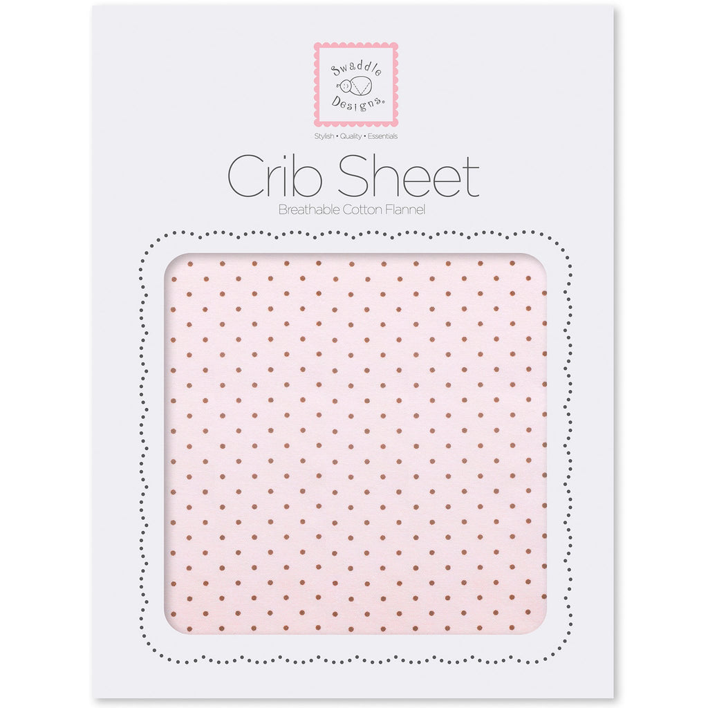 Flannel Fitted Crib Sheet - Brown Polka Dots, Pastel Pink