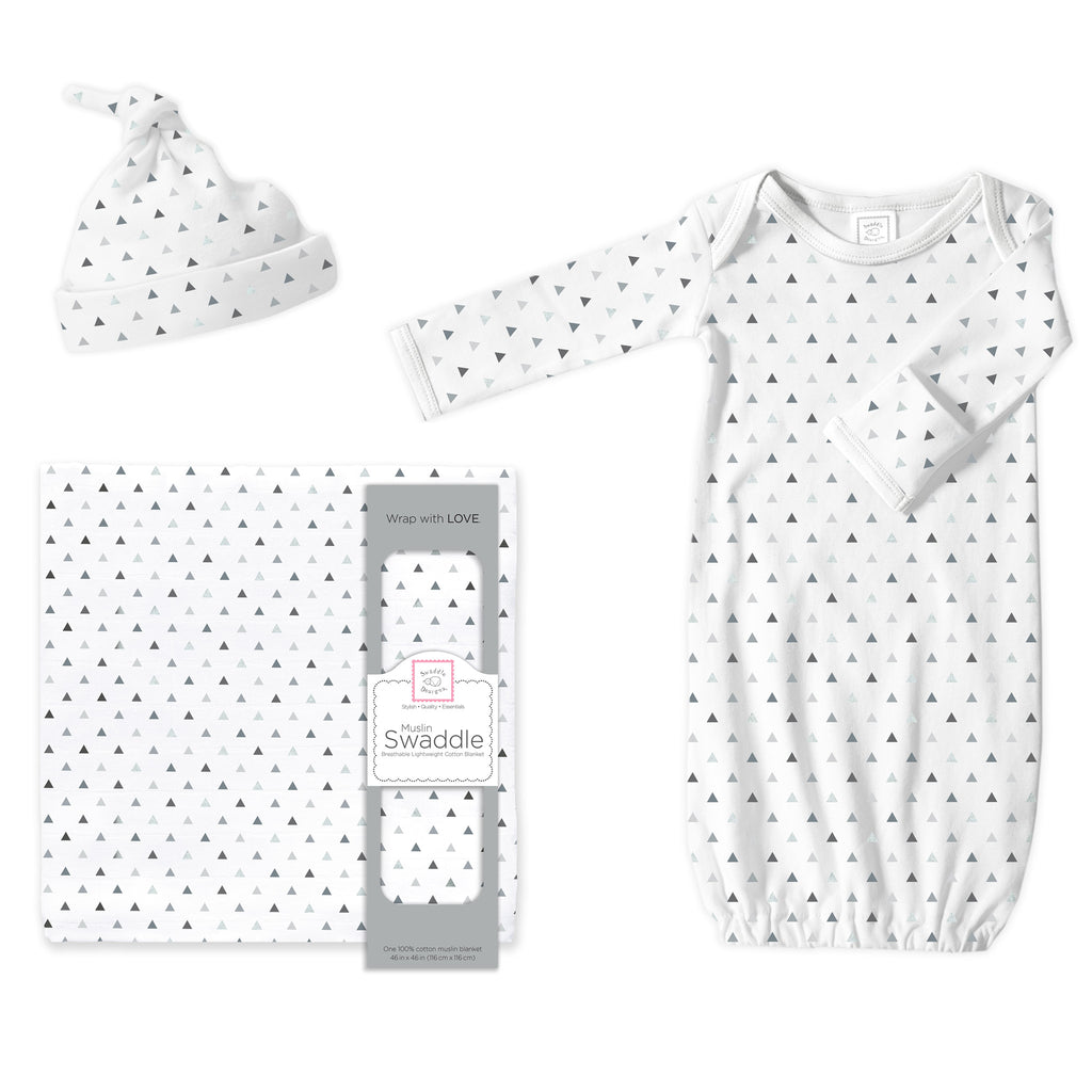 Muslin Swaddle, Pajama Gown and Hat Gift Set - Tiny Triangles, Sterling, Newborn