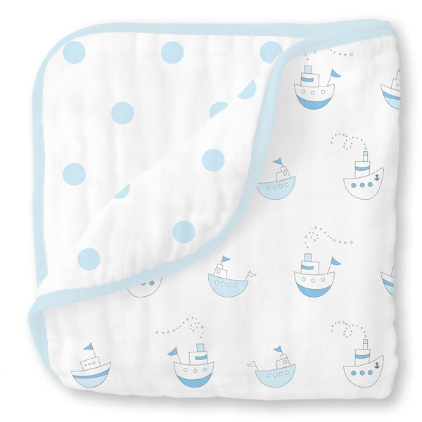 Muslin Luxe Blanket - 4-Layers of Incredibly Soft Muslin - Great for Toddler and Young Child, Reversible Design - Little Ships, Pastel Blue