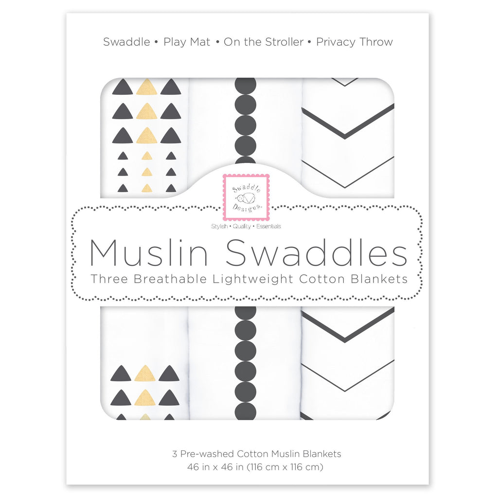 Muslin Swaddle Blankets - Gold & Graphite with Shimmer (Set of 3)