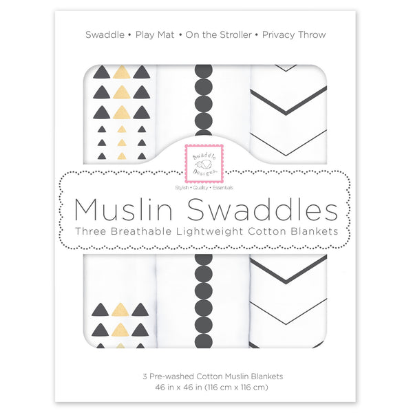 Muslin Swaddle Blankets - Gold & Graphite with Shimmer (Set of 3)