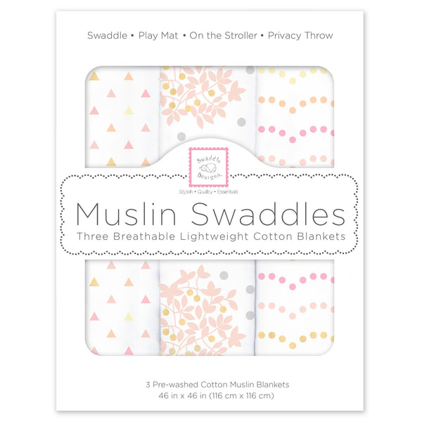 Muslin Swaddle Blankets - Heavenly Floral Shimmer (Set of 3)