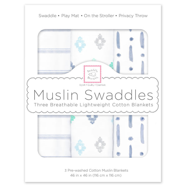 Muslin Swaddle Blankets - Indigo Denim (Set of 3)