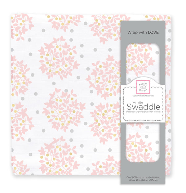 Muslin Swaddle Single - Heavenly Floral with Touch of Gold Shimmer, Pink
