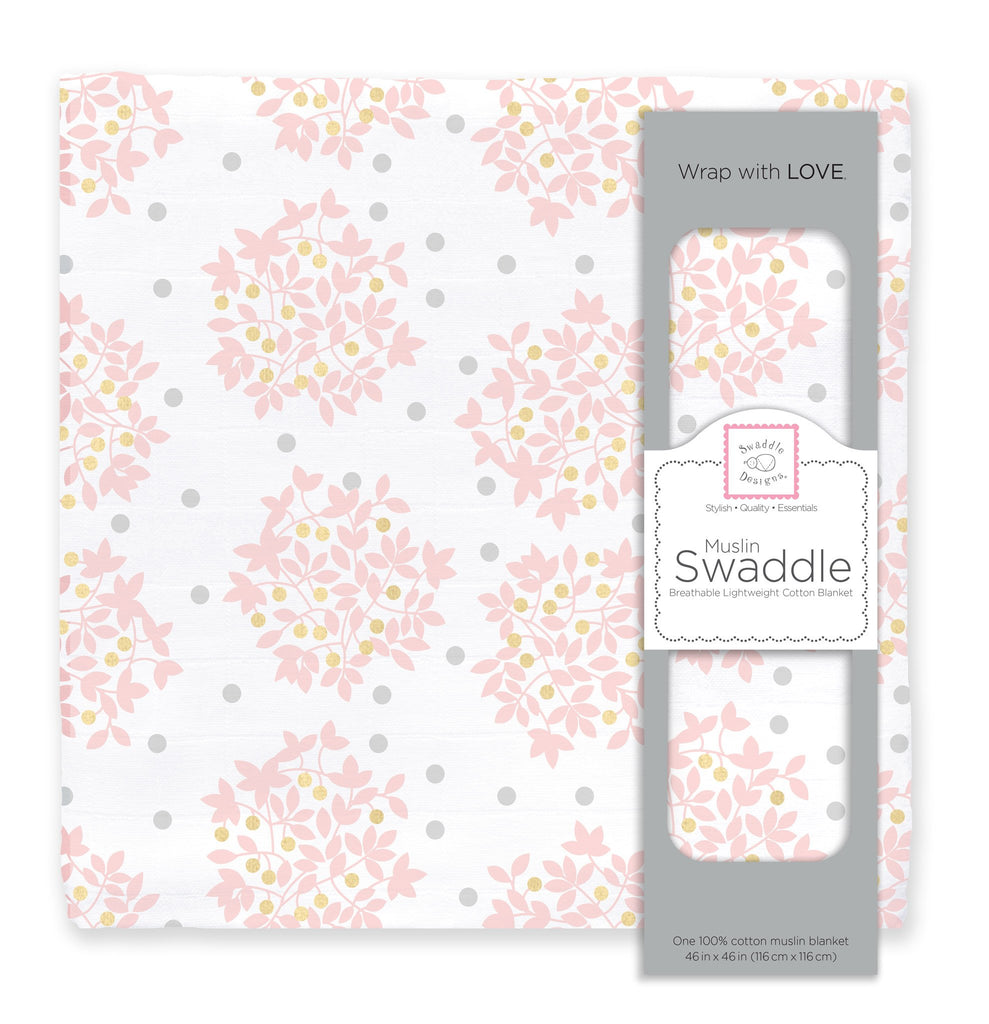 Muslin Swaddle Single - Heavenly Floral with Touch of Gold Shimmer, Pink