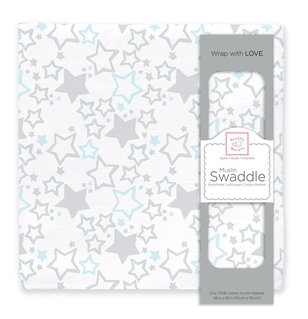 Muslin Swaddle Single - Starshine - Pastel Blue & Sterling with Touch of Silver Shimmer