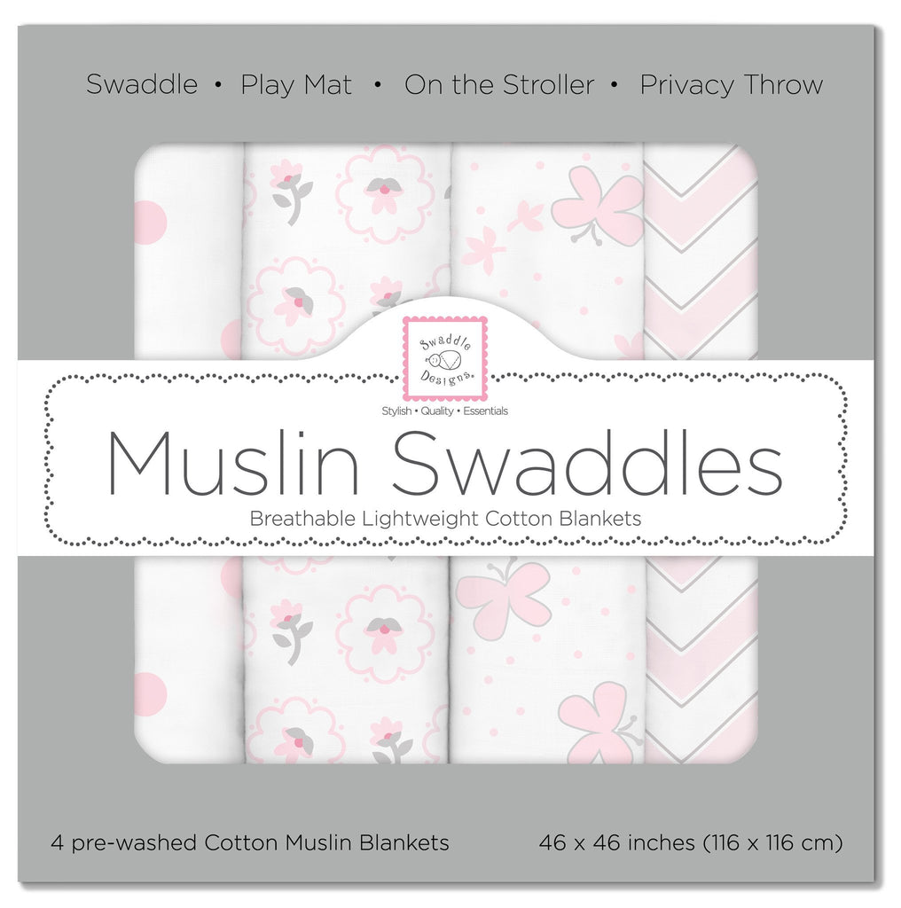 Muslin Swaddle Blankets - Pink Butterfly (Set of 4)