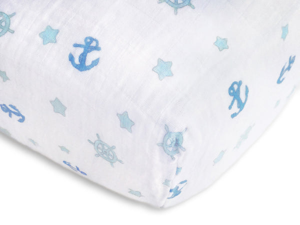 Muslin Fitted Crib Sheet - Ahoy! - Pastel Blue