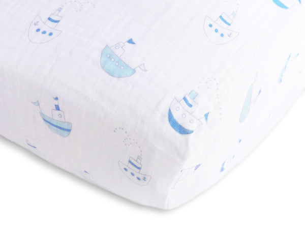 Muslin Fitted Crib Sheet - Little Ships - Pastel Blue