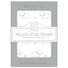Muslin Fitted Crib Sheet - Doggie + Starball, Pastel Blue