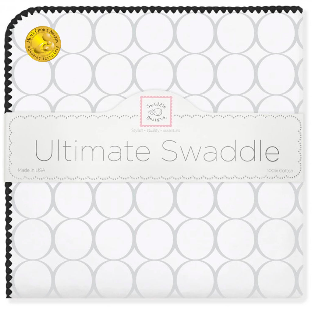 Ultimate Swaddle Blanket - Mod Circles on White, Sterling with Black Trim