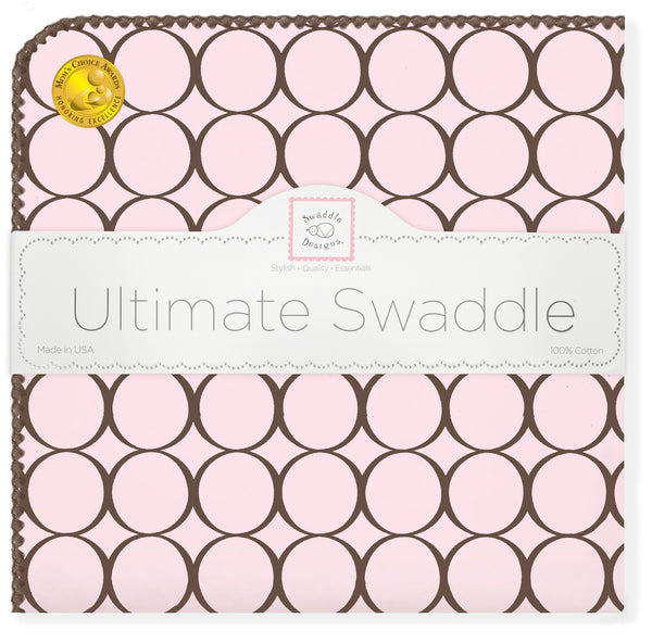 Ultimate Swaddle Blanket - Brown Mod Circles on Pastel Pink