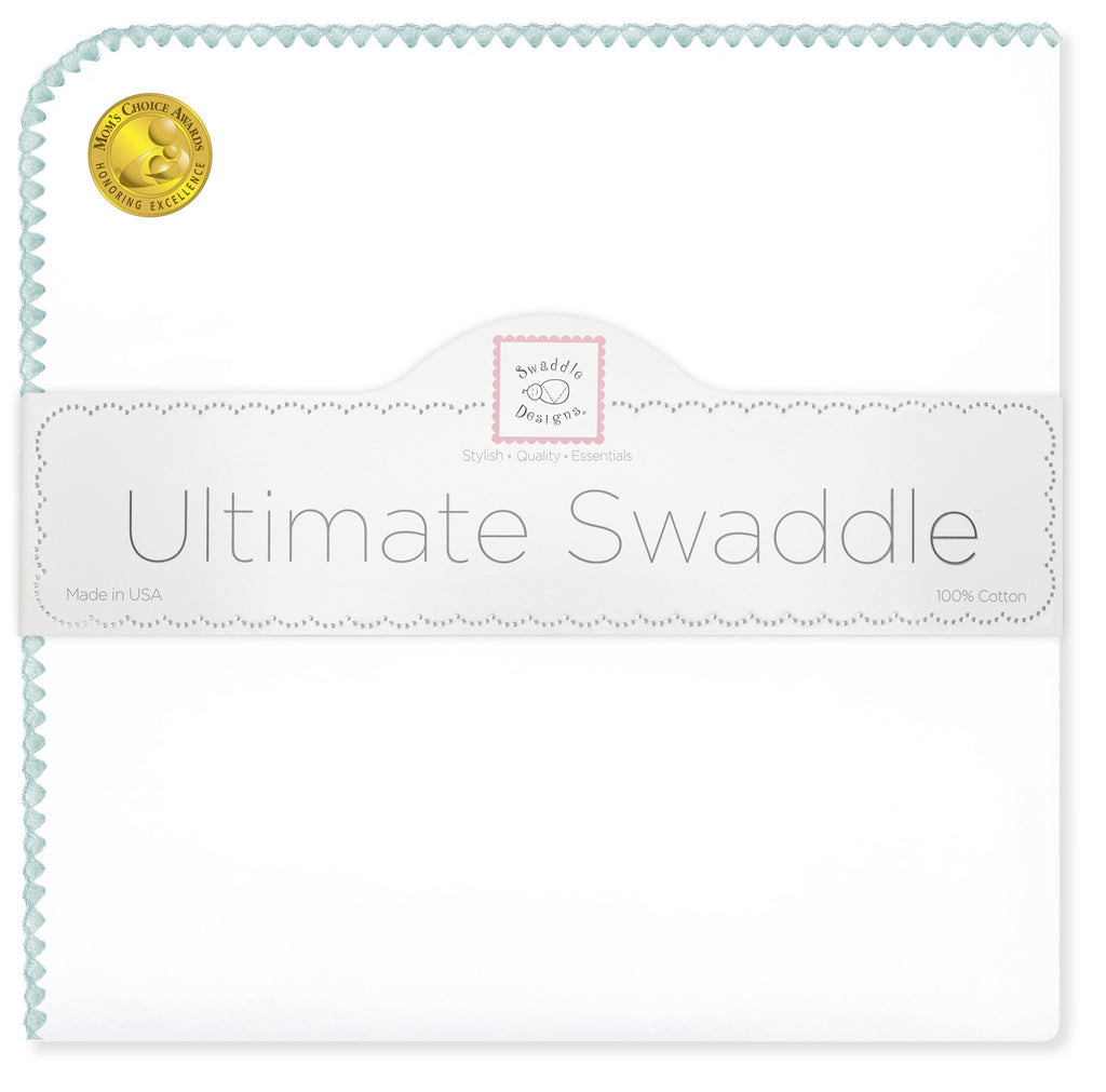 Ultimate Swaddle Blanket - White with Pastel Trim, SeaCrystal - Customized