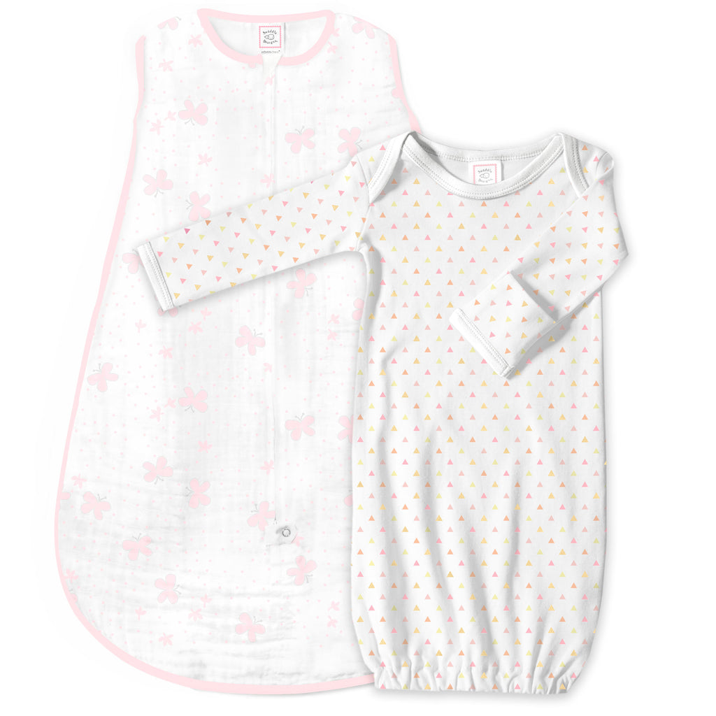Muslin Non-Weighted zzZipMe Sack Set - Butterflies + Tiny Triangles Shimmer, Pastel Pink