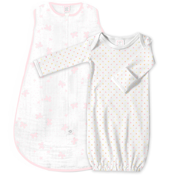Muslin Non-Weighted zzZipMe Sack Set - Butterflies + Tiny Triangles Shimmer, Pastel Pink