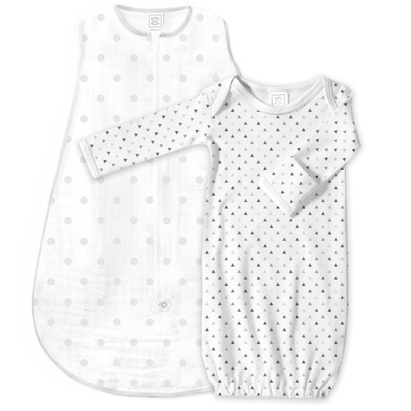 Muslin Non-Weighted zzZipMe Sack Set - French Dots + Tiny Triangles Shimmer, Sterling