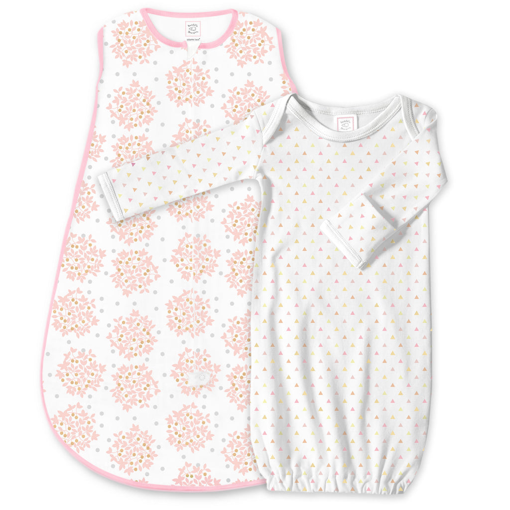 Cotton Knit Non-Weighted zzZipMe Sack Set - Heavenly Floral and Tiny Triangles Shimmer, Pink