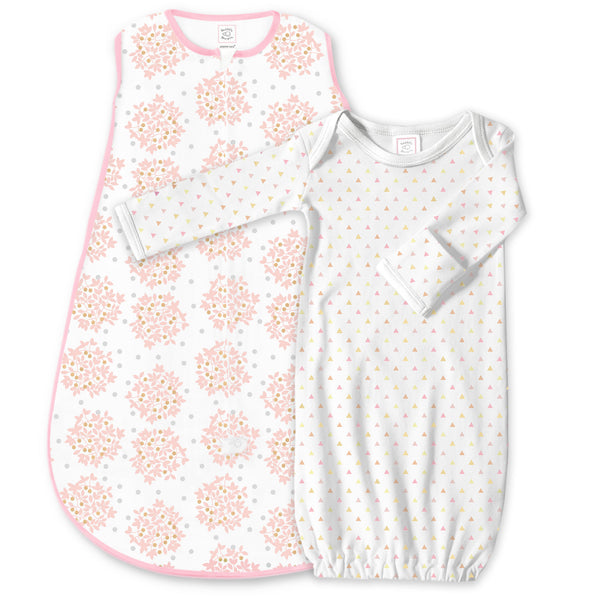 Cotton Knit Non-Weighted zzZipMe Sack Set - Heavenly Floral and Tiny Triangles Shimmer, Pink