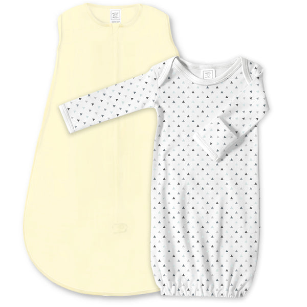 Cotton Knit Non-Weighted zzZipMe Sack Set - Pastel Yellow + Tiny Triangles Shimmer Pajama Gown