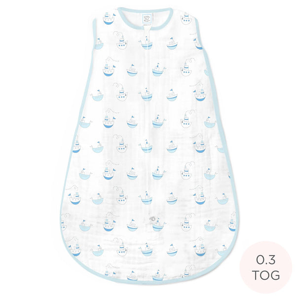 Muslin Non-Weighted zzZipMe Sack  - Little Ships, Pastel Blue