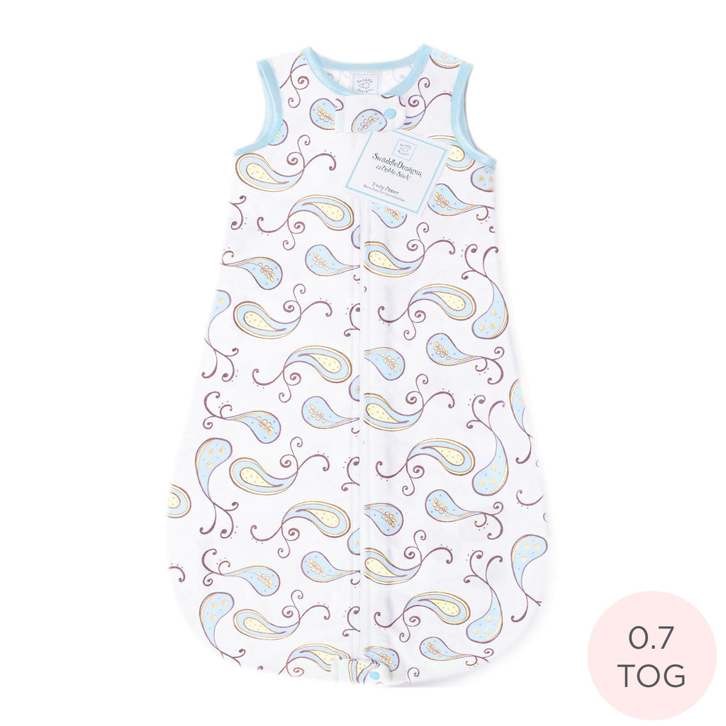 Cotton Flannel Non-Weighted zzZipMe Sack - Triplets Paisley, Pastel Blue Trim