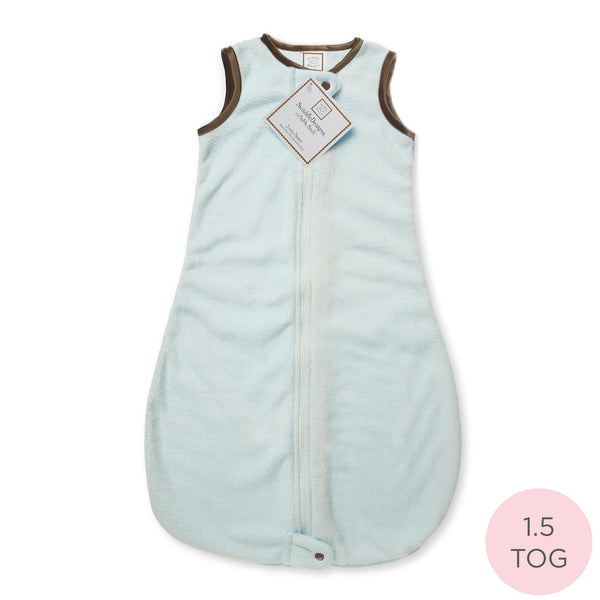 Baby Velvet Non-Weighted zzZipMe Sack - Mocha Trim, Pastel Blue